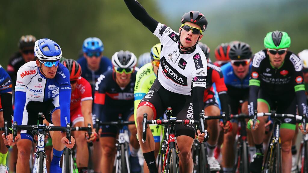 Sam Bennett celebrates winning stage two of the 2015 Arctic Race of Norway. Photograph: Bryn Lennon/Getty Images