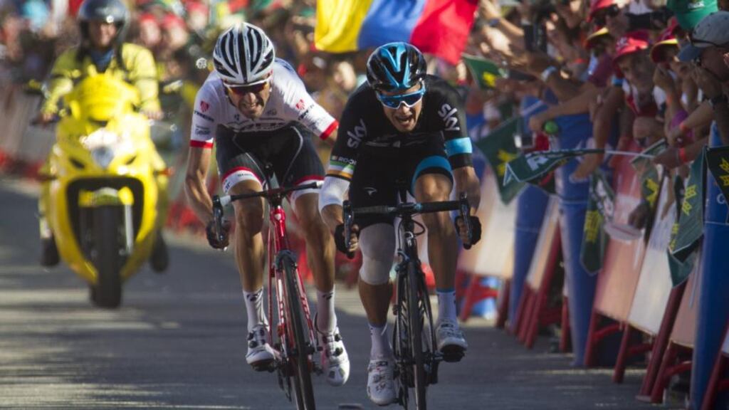 Sky’s Irish cyclist Nicolas Roche sprints next to Trek’s Spanish cyclist Haimar Zubeldia to win the 18th stage of the 2015 Vuelta Espana cycling tour. Photograph: Getty Images