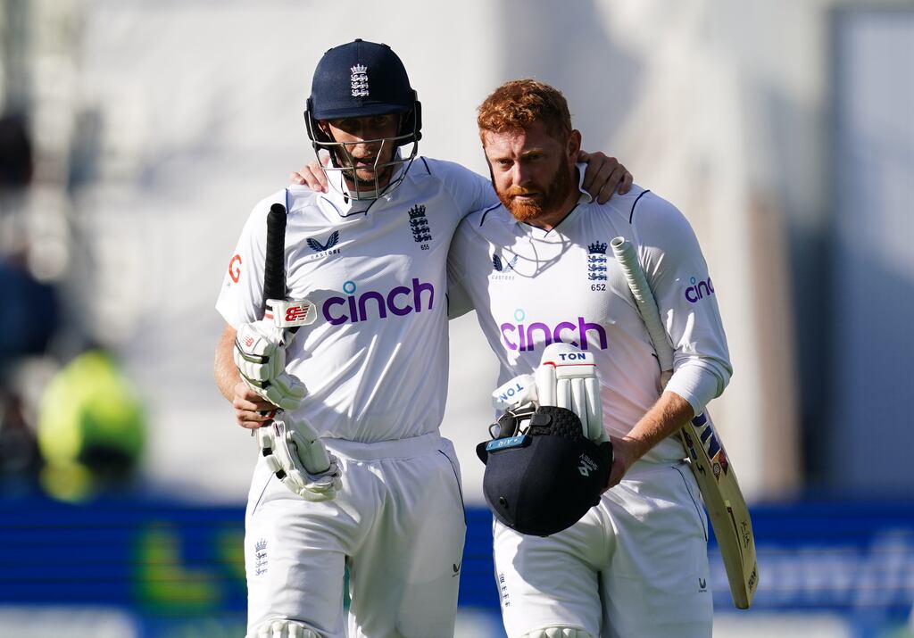 England's Joe Root and Jonny Bairstow leave the field on day four of the fifth Test against India at Edgbaston. Photograph: David Davies/PA Wire