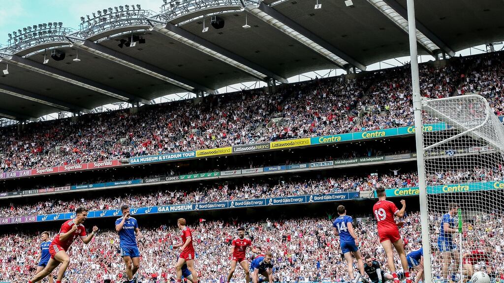 Tyrone celebrate Niall Sludden’s late goal which proved pivotal in the semi-final defeat of Monaghan at Croke Park. Photograph: Tommy Dickson/Inpho