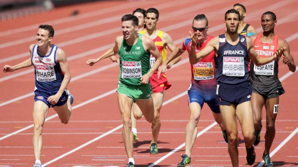 Ireland’s Paul Robinson stretches for the line in the 1,500m but is beaten to the Bronze medal by Chris O’Hare of Great Britain. Photograph: Morgan Treacy/Inpho.
