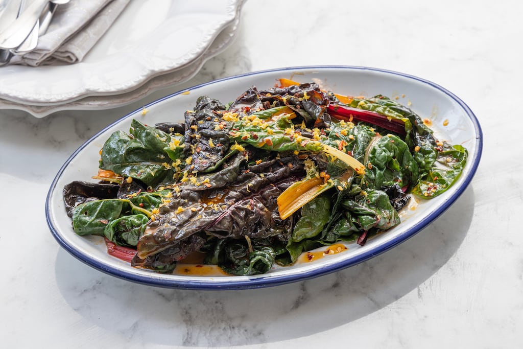 Rainbow chard glazed in lemon, garlic and chilli. Photograph: Harry Weir Photography