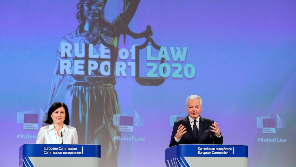 European Commissioner for Values and Transparency Vera Jourova and European Commissioner for Justice Didier Reynders give a press conference on the Annual Rule of Law Report 2020 in Brussels on Wednesday. The EU criticised Hungary and Poland in a report on democratic standards across the bloc, as tensions escalate between Brussels and Budapest. Photograph: AFP