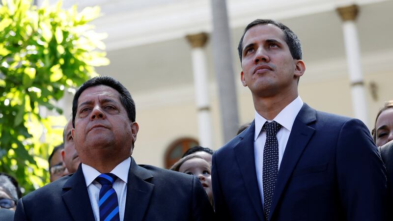 The head of Venezuela’s National Assembly Juan Guaidó and his deputy Edgar Zambrano. Photograph: Manaure Quintero/Reuters