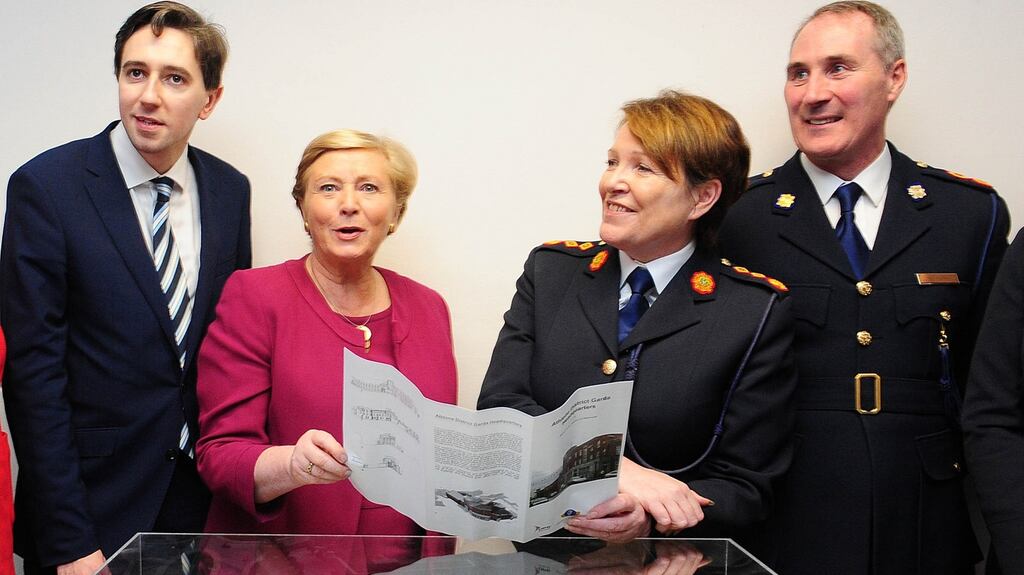 Minister of State Simon Harris; Minister for Justice  Frances Fitzgerald; Garda Commissioner Nóirín O’Sullivan and Inspector Pat Murray at Athlone Garda Station, where details of a Garda building and refurbishment programme were announced. Photograph: James Flynn/APX