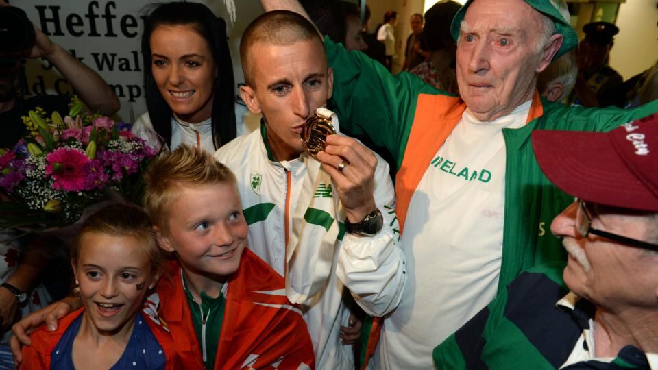 Heffernan with his gold medal and his family at Dublin Airport Photograph: Frank Miller/The Irish Times