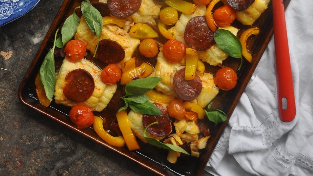 Lilly Higgins’s one-tray fish bake with chorizo and tomatoes