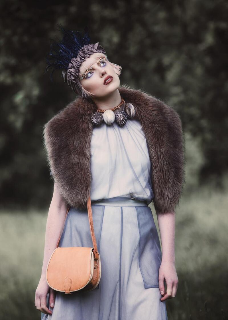 Tulle top €195 and tulle skirt €210 both by Catherine Hammel from Olori Boutique, Cork. Vintage faux fur stole €45 from Mercury Goes Retrograde, Cork. Leather crossbody bag €55 from Casa Crafts, Oliver Plunkett Street, Cork. Feathered egg motif choker €45 made to order Mary Ginnifer Designs.