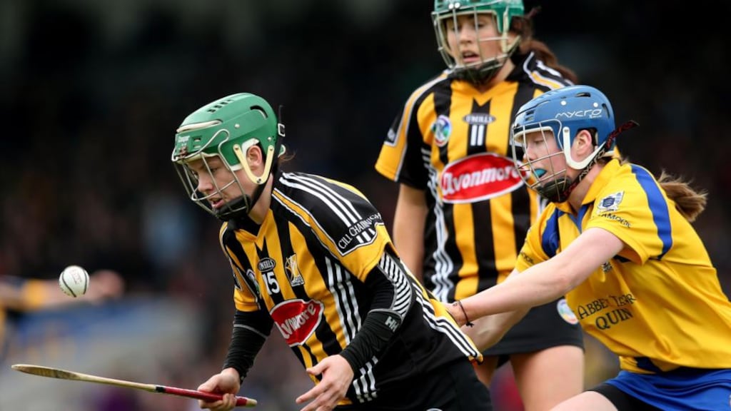 Kilkenny’s Aoife Heary evades the challenge from Roisin McMahon of Clare during the Camogie Division One League final at Semple Stadium on Sunday. Photograph: James Crombie/Inpho