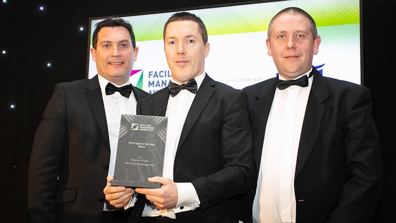 John Cunniffe, Estate Manager, The Bar Council of Ireland presents the FM Project of the Year – Office award to John Cosgrove, Vodafone & Gordan Keogh, Mitie Facilities Management.