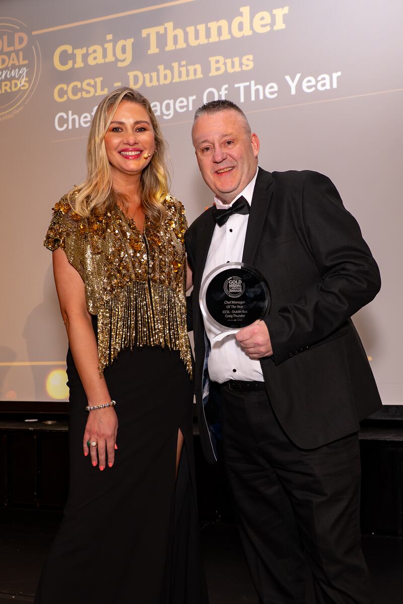 Anna Daly, MC of the night and Craig Thunder, chef manager at CCSL Staff Restaurant, Dublin Bus. Photographer: Ruben Morrissey-Fernandez/Ruby Productions.