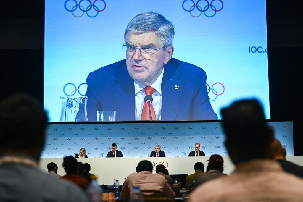 International Olympic Committee president Thomas Bach speaks during a press conference. Photograph: Indranil Mukherjee/AFP via Getty Images