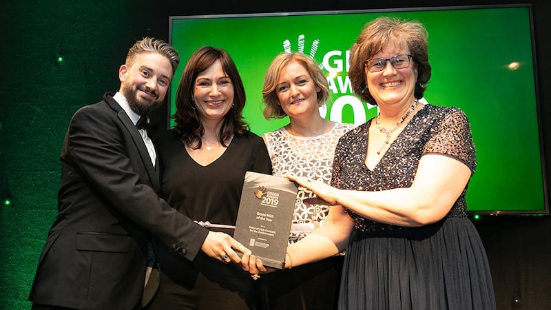 Dr Sarah Miller, CEO, The Rediscovery Centre presents the Green NGO of the Year award to Mindy O’Brien, Sorcha Kavanagh & Tad Kirakowski, Voice of Irish Concern for the Environment.