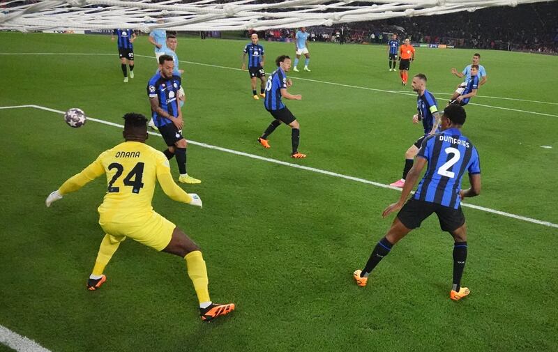 Rodri of Manchester City scores during the UEFA Champions League final against Inter Milan at Ataturk Olympic Stadium in Istanbul, Turkey. Photograph: Matthew Childs/Getty