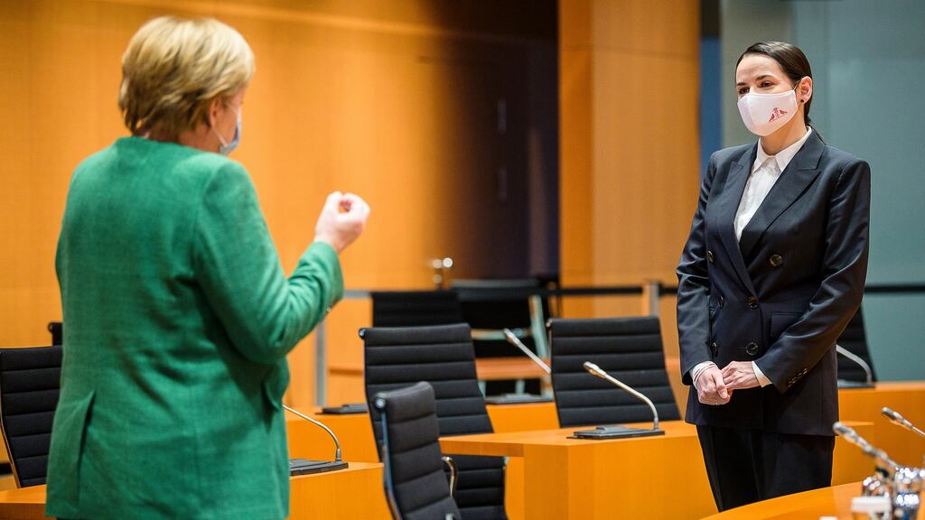 German chancellor Angela Merkel meeting with Belarusian opposition leader Svetlana Tikhanovskaya at the Chancellery in Berlin. Photograph: Jesco Denzel/EPA