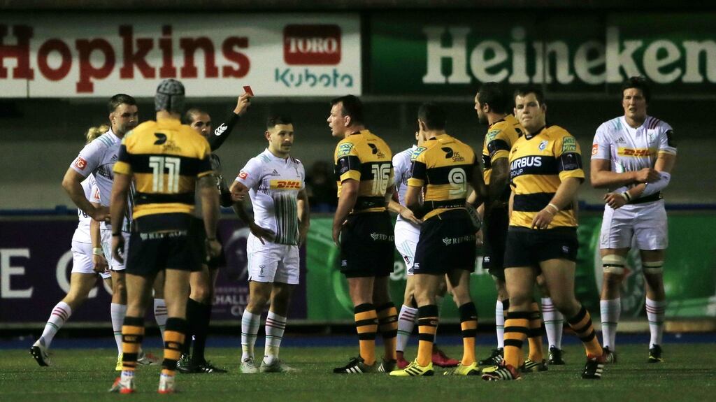 Cardiff Blues’ Matthew Rees (No 16) is sent off for a stamp on Harlequins’ Nick Easter during the European Challenge Cup match at Cardiff Arms Park. The former Wales captain has received a seven-week ban for the incident. Photograph: Nick Potts/PA Wire