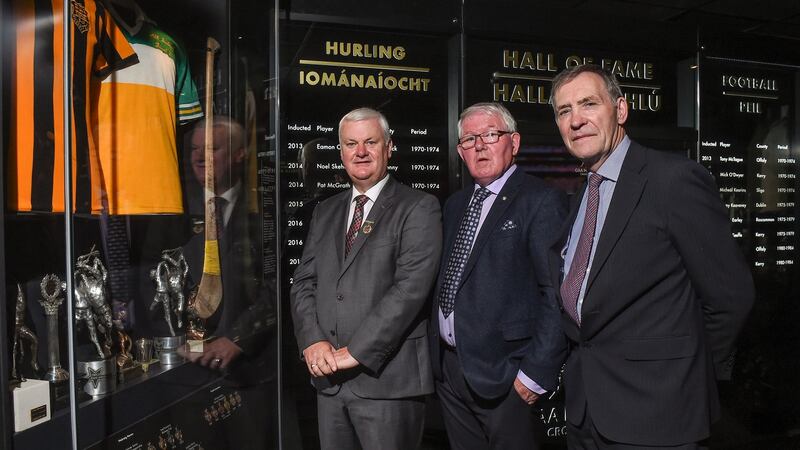 GAA president Aogán Ó Fearghail, left, with former Offaly hurler Padraig Horan and former Kilkenny hurler Frank Cummins who were inducted into the the GAA Museum Hall of Fame at Croke Park. Photograph: Matt Browne/Sportsfile