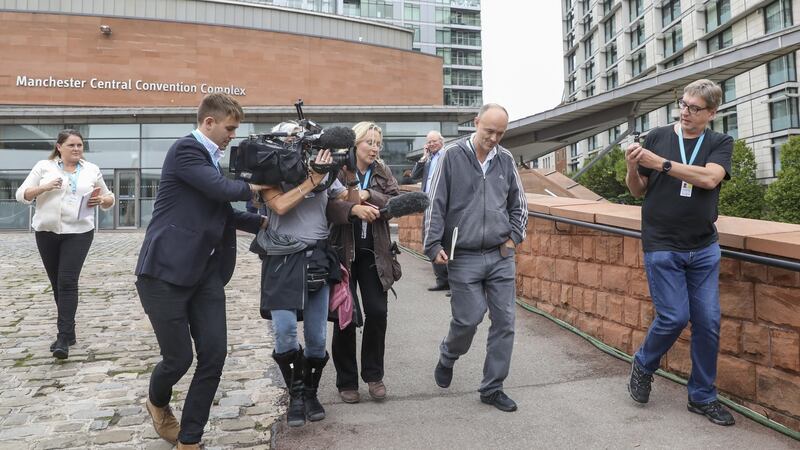 Members of the media surrounding Dominic Cummings at the Conservative Party conference in Manchester last September. Photograph: Chris Ratcliffe/Bloomberg via Getty Images