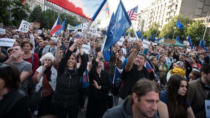 Demonstrators in Wenceslas Square in Prague demanding an investigation into allegations of fraud by the Czech prime minister Andrej Babis. Photograph: Rene Volfik/AFP/Getty Images