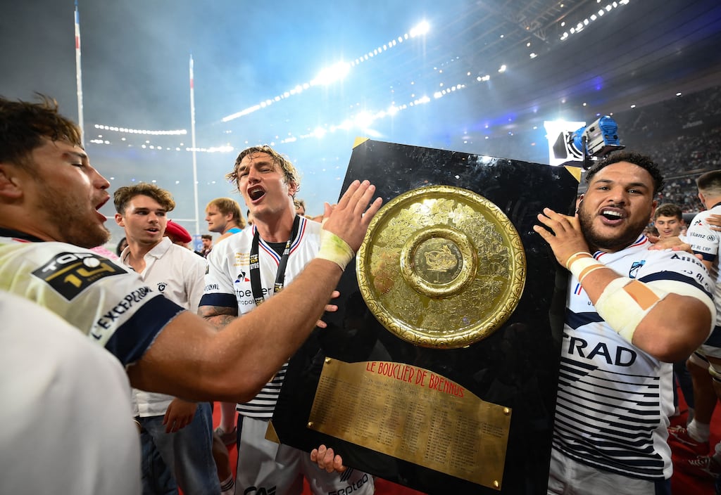Montpellier celebrate with the Bouclier de Brennus trophy after winning the French Top14 final against Castres Olympique in 2022. File photograph: Getty Images