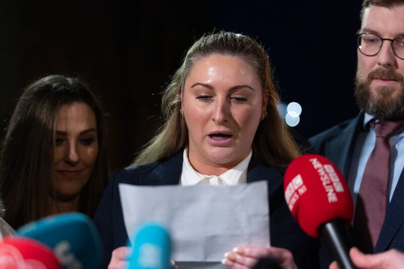 Nikita Hand speaking outside the High Court after winning her case against Conor McGregor. Photograph: Collins Courts