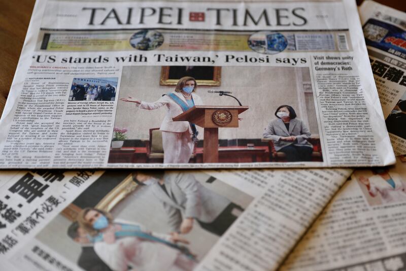 Taiwan newspapers with the front page photos of the meeting between US House xpeaker Nancy Pelosi and Taiwan president Tsai Ing-wen. Photograph: Ritchie B Tongo/EPA
