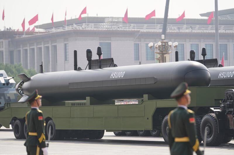 An HSU100 underwater drone shown during the parade. Photograph: Andy Wong/ AP
