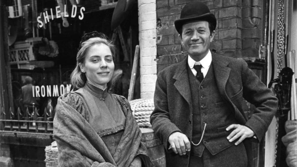 Saskia Reeves and Donal McCann taking a break from the shooting of the film December Bride in Anglesea Street, Dublin in 1989. Photograph: Paddy Whelan/The Irish Times