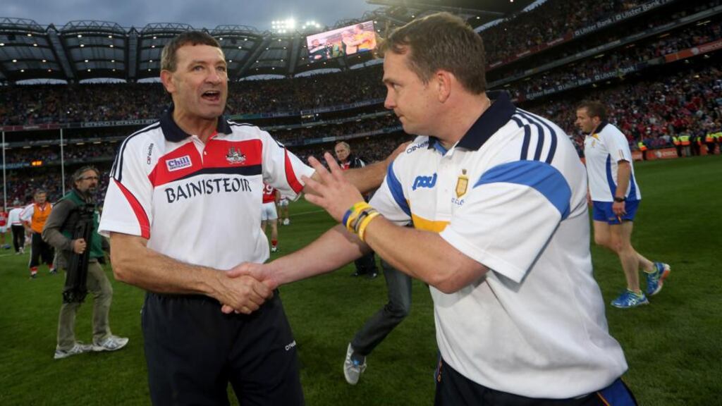 Cork’s manager Jimmy Barry Murphy and Davy Fitzgerald of Clare could meet again in the league next season if new proposals to extend Division 1A to eight teams are carried. Photograph: James Crombie/Inpho