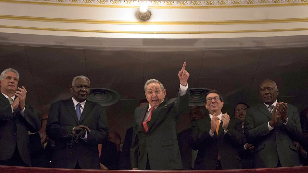 Cuban president Raúl Castro   attends US president Barack Obama’s speech at the  Gran Teatro in Havana, Cuba: Mr Obama said  there was “an evolution” and “a generational change” taking place inside Cuba. Photograph: Desmond Boylan/AP