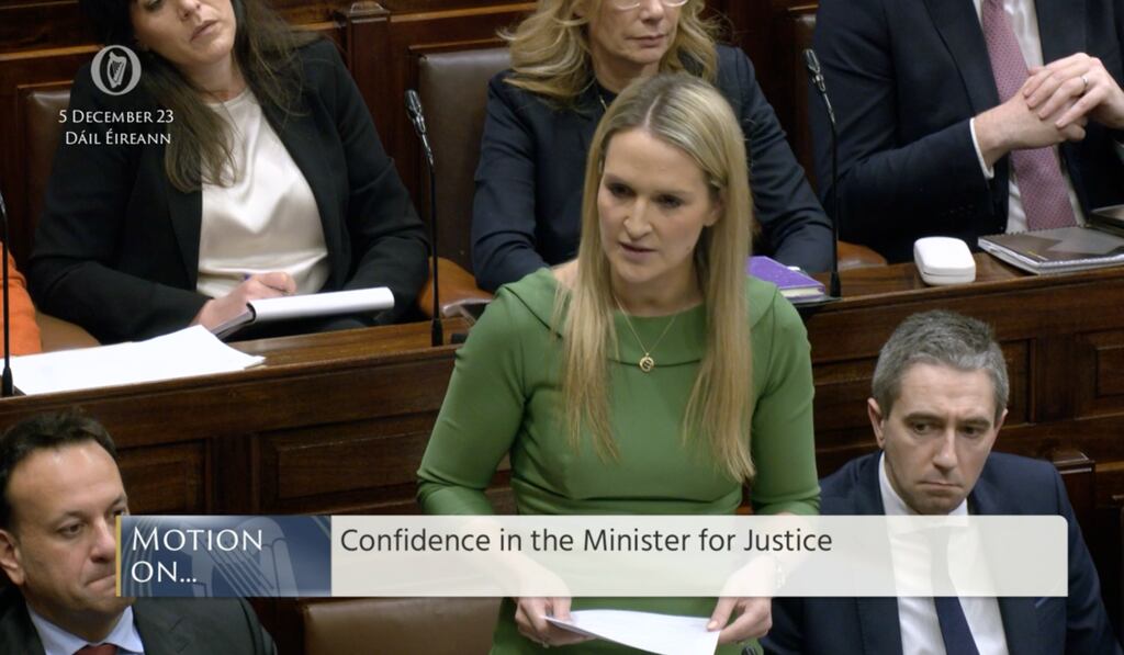 The motion of no confidence in Helen McEntee, put down by Sinn Féin in the wake of the Dublin riots, gave Fine Gaelers their best Dáil outing in a long time – and the Government won by a comfortable margin. Photograph: Dáil Éireann/Oireachtas TV