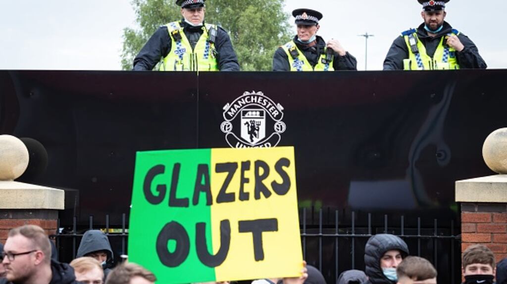 Manchester United fans stage a demonstration against the European Super league and the Glazer’s ownership of the club. File photograph: Andy Barton/Getty Images)