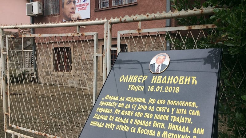 A memorial to Kosovo Serb politician Oliver Ivanovic where he was shot dead outside his office in Mitrovica in January 2018. Photograph: Dan McLaughlin