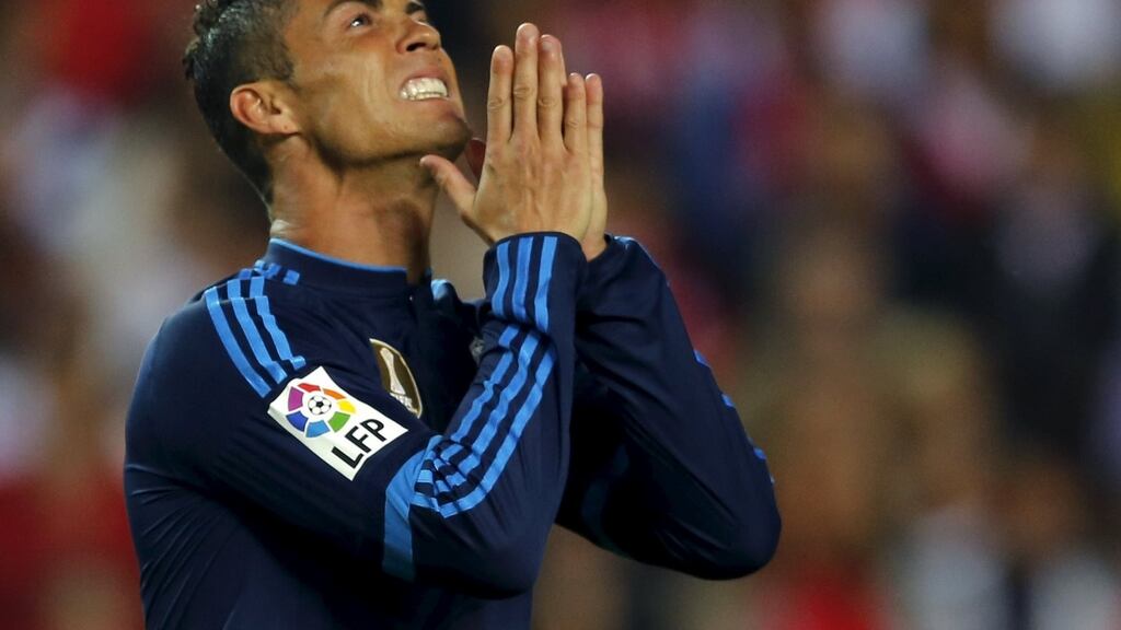 Real Madrid’s Cristiano Ronaldo looks despondent as his side slumped to a defeat against Sevilla on Sunday night. Photo: Denis Doyle/Getty Images