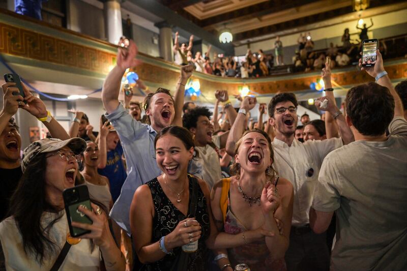 Supporters of Zohran Mamdani cheer at an election night gathering in Brooklyn on Tuesday night. Photograph: Vincent Alban/The New York Times