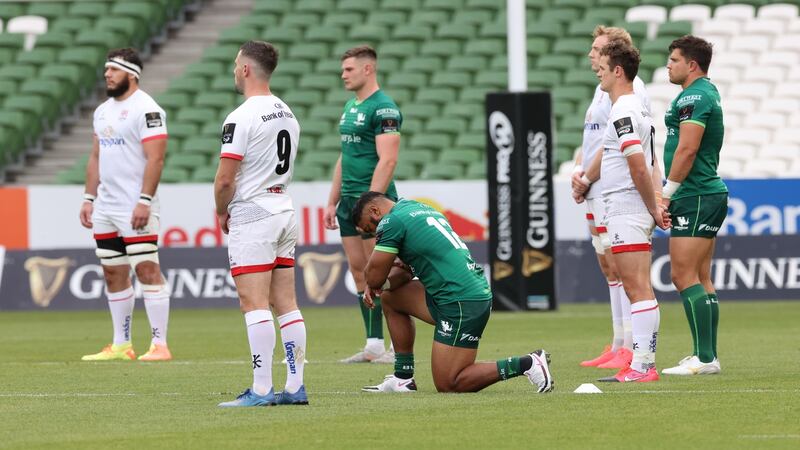 Bundee Aki takes a knee ahead of Connacht’s win over Ulster. Photogtaph: Billy Stickland/Inpho