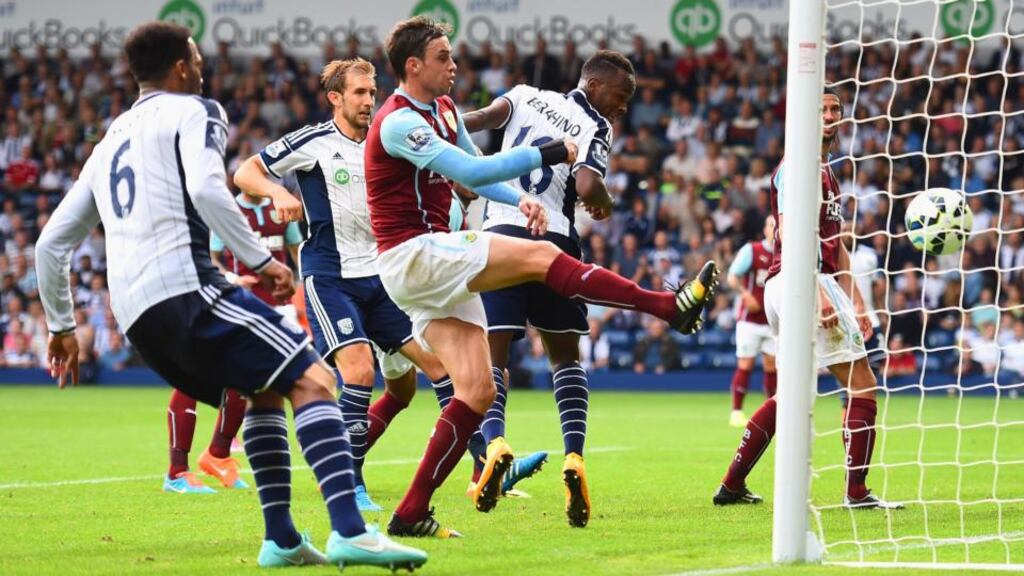 Saido Berahino of West Brom scores his team’s second and his first goal against Burnley at The Hawthorns. Photograph: Laurence Griffiths/Getty Images