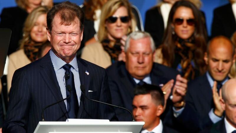 US team captain Tom Watson introduces his players during the opening ceremony of the 40th Ryder Cup at Gleneagles. Photograph: Russell Cheyne / Reuters