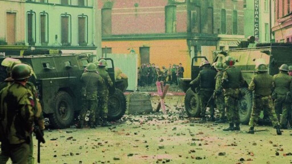 People confront British soldiers on Wlliam Street in Derry minutes before paratroopers opened fire, killing 14 civilians on what became known as Bloody Sunday. Photograph: William L Rukeyser/Getty Images.