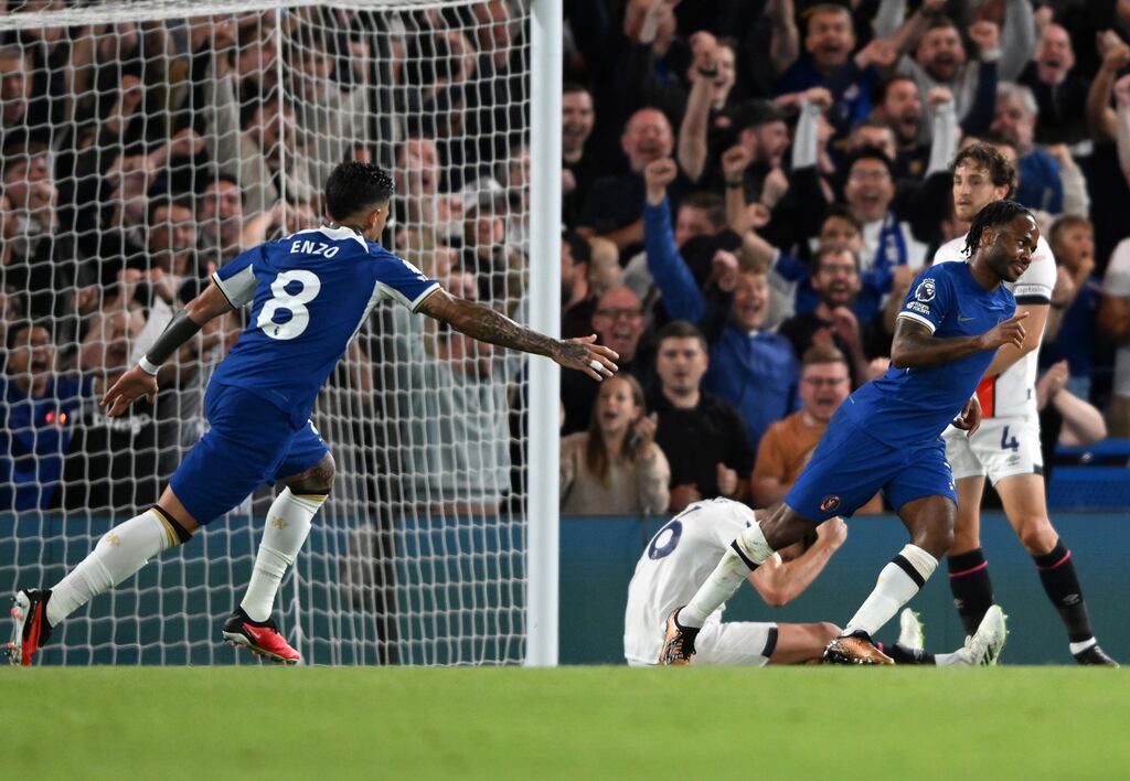 Chelsea's Raheem Sterling celebrates scoring the second goal during the Premier League match between Chelsea and Luton Town. Photograph: Daniel Hambury