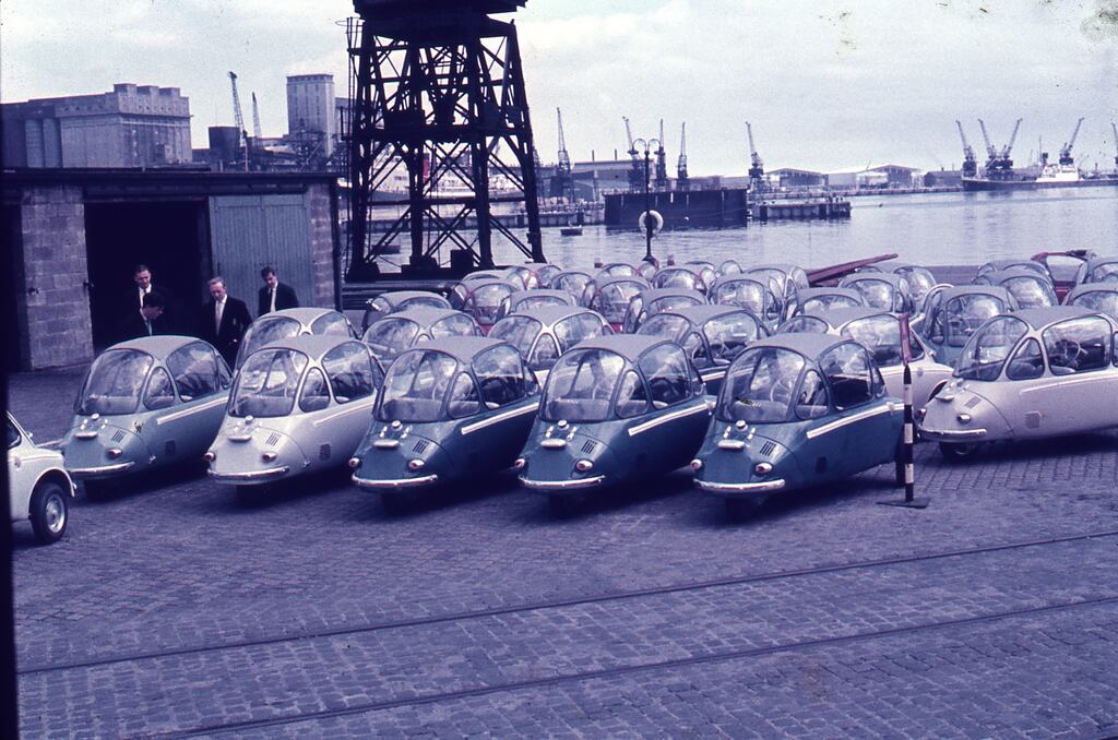 Heinkel Kabine bubble cars lined up at Dublin port waiting for export in the late 1950s. Photograph: Dublin Port Archive