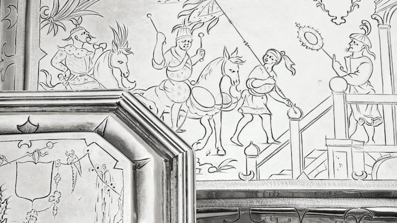 17th-century silver dressing-table set - details of Chinoiserie decoration