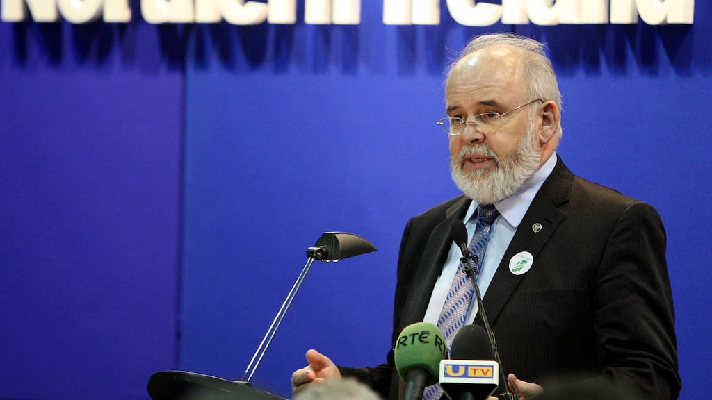 Sinn Fein candidate Francie Molloy makes a speech after being elected MP for Mid Ulster, at the count centre in Cookstown Leisure Centre, Co Tyrone. Photograph: Paul Faith/PA Wire