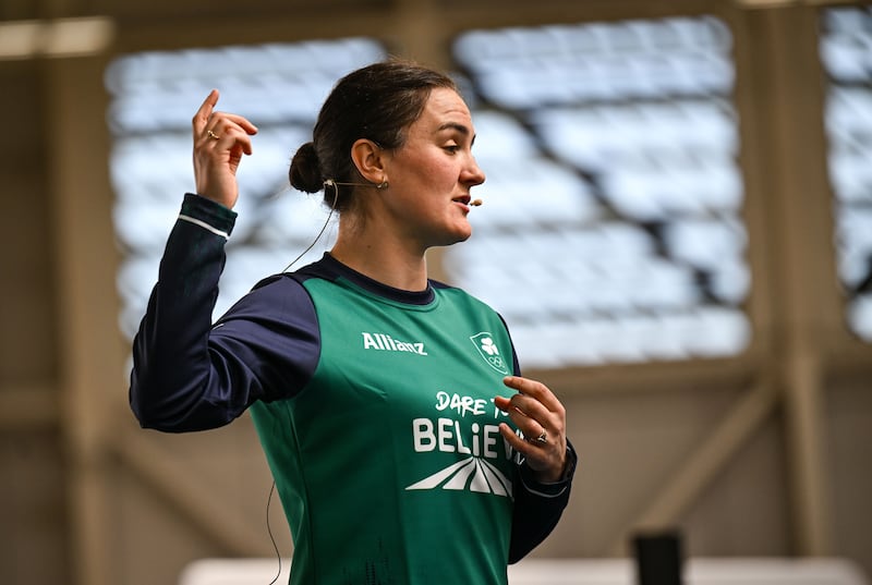 Kellie Harrington speaking at the PE Expo 2025. Photograph: David Fitzgerald/Sportsfile