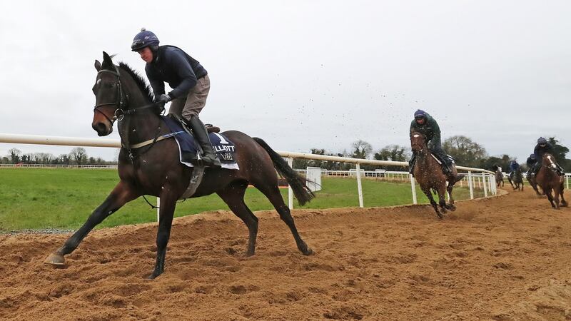 Apple’s Jade and Keith Donoghue on the gallops at Gordon Elliott’s yard. Photograph: Niall Carson/PA
