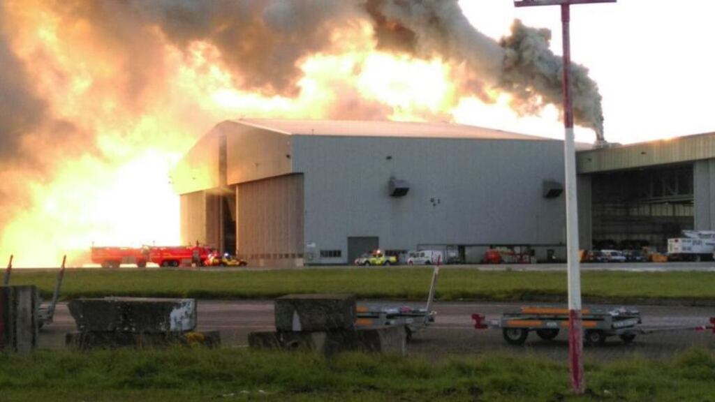 Flights at Dublin Airport have resumed after being followed following a fire in a maintenance hangar. Photograph: Dublin Fire Brigade Twitter.