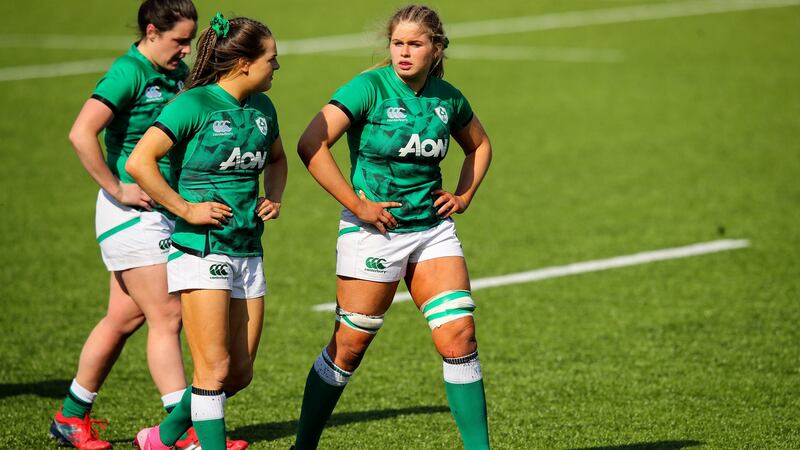 Beibhinn Parsons and Dorothy Wall look dejected after Ireland’s defeat to France. Photograph: Ryan Byrne/Inpho