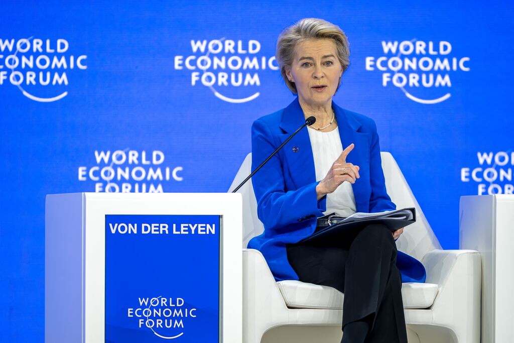 European Commission President Ursula von der Leyen gestures during a session at the World Economic Forum (WEF) annual meeting in Davos. (Photo by FABRICE COFFRINI/AFP via Getty Images)