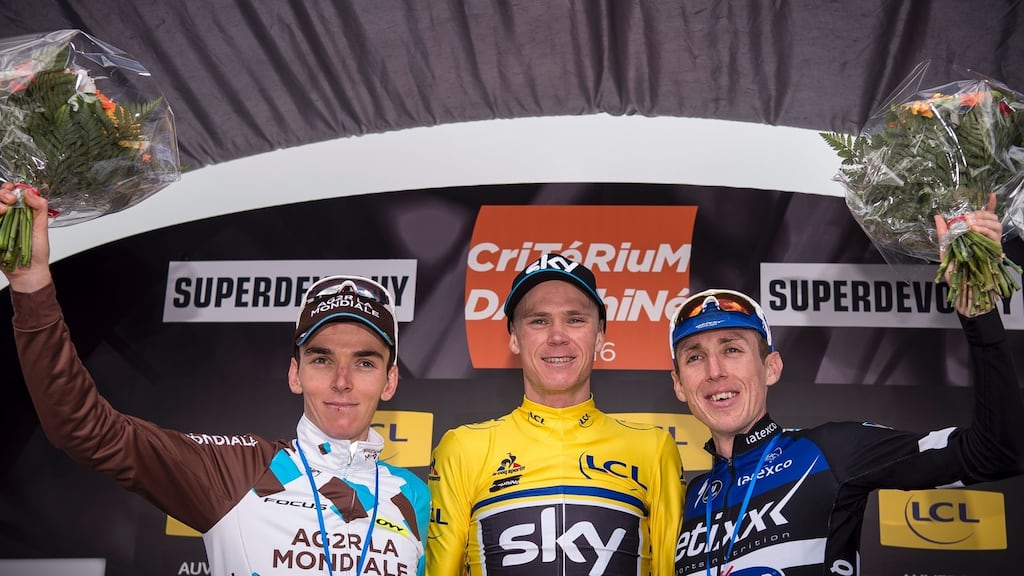 AG2R la Mondiale’s Romain Bardet, Sky rider Christopher Froome and Dan Martin celebrating on the podium after the Critérium du Dauphiné. Photograph: AFP Photo/LIonel Bonaventure