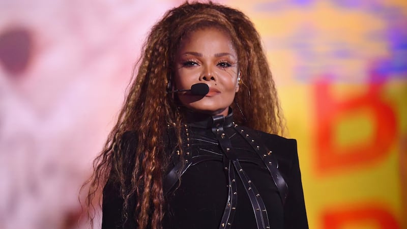 Janet Jackson performs on stage wearing a black leather bodice by Irish designer Una Burke at the MTV European Video Music Awards in Bilbao, Spain. Photograph: Jeff Kravitz/ FilmMagic
